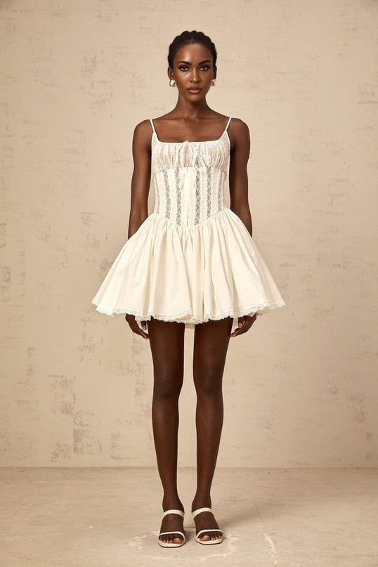 Giuseppina White Corset Flare Mini Dress with Lace Detailing