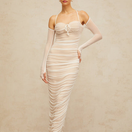 Giuseppina White Maxi Dress with Bustier Style and Ruched Detailing
