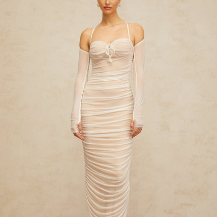 Giuseppina White Maxi Dress Tulle Fabric Bustier Style Ruched Detailing Sweetheart Neckline Spaghetti Straps Rear Slit Fitted Silhouette Maxi Length Special Occasions Heels Sophisticated Ensemble 100% Terylene Fiber