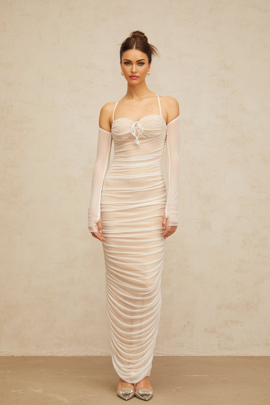 Giuseppina White Maxi Dress Tulle Fabric Bustier Style Ruched Detailing Sweetheart Neckline Spaghetti Straps Rear Slit Fitted Silhouette Maxi Length Special Occasions Heels Sophisticated Ensemble 100% Terylene Fiber
