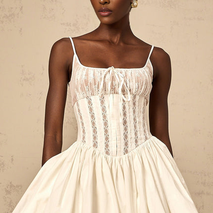 Giuseppina White Mini Dress Corset Flare Terylene Fiber Square Neck Lace Detailing Flared Skirt Thigh Length Zip Fastening