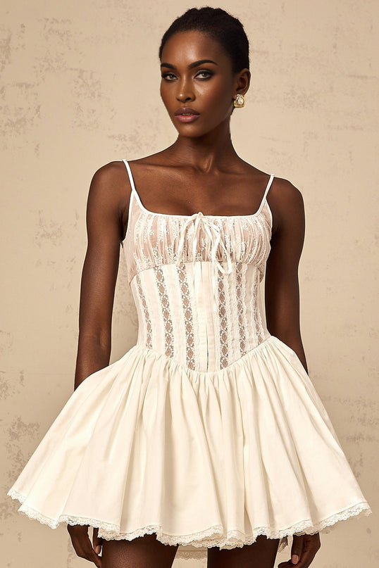 Giuseppina White Mini Dress Corset Flare Terylene Fiber Square Neck Lace Detailing Flared Skirt Thigh Length Zip Fastening