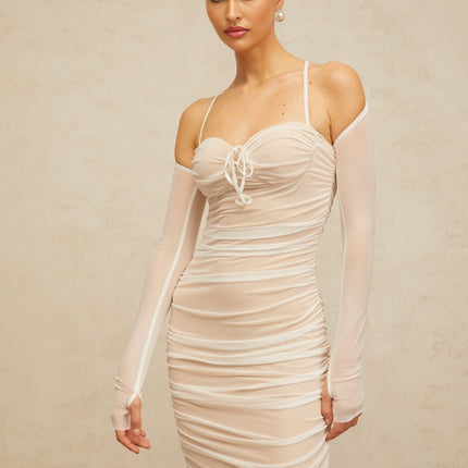 Giuseppina White Tulle Maxi Dress with Bustier Style and Ruched Detailing
