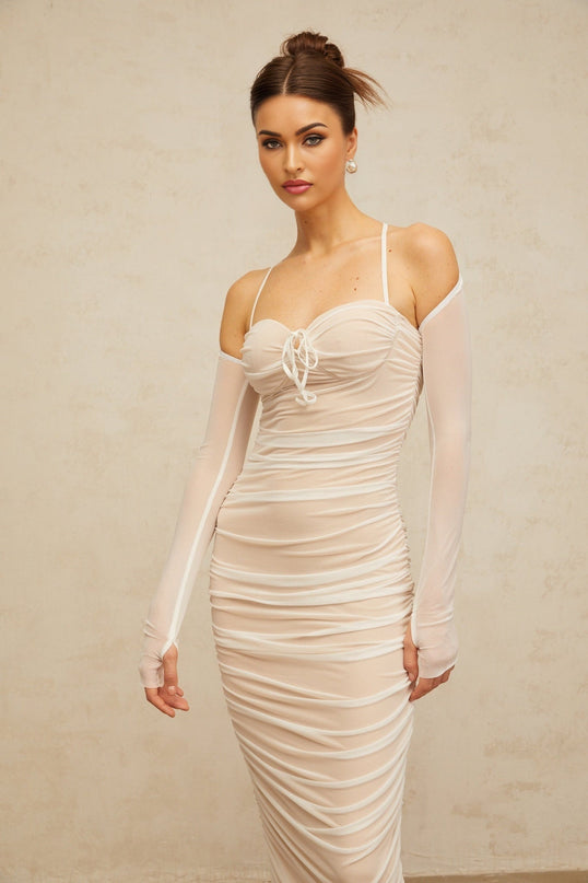 Giuseppina White Tulle Maxi Dress with Bustier Style and Ruched Detailing