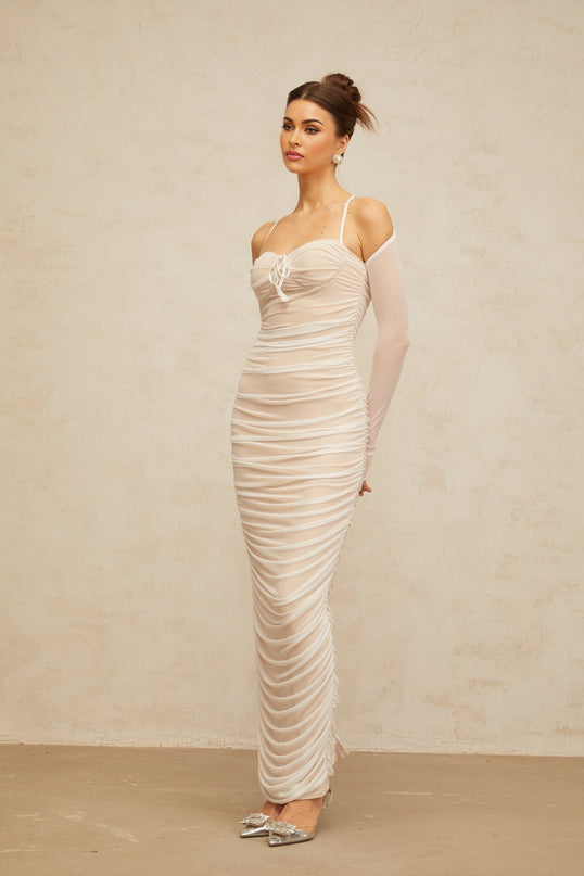 Giuseppina White Tulle Maxi Dress with Bustier Style and Ruched Detailing