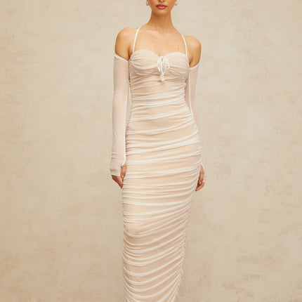 Giuseppina White Tulle Maxi Dress with Bustier Style and Ruched Detailing