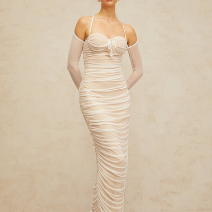 Giuseppina White Tulle Maxi Dress with Bustier Style and Ruched Detailing