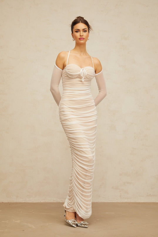 Giuseppina White Tulle Maxi Dress with Bustier Style and Ruched Detailing