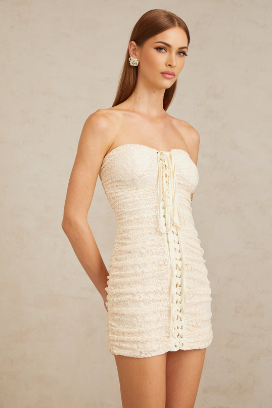 Givrée Neutral Floral Lace Mini Dress