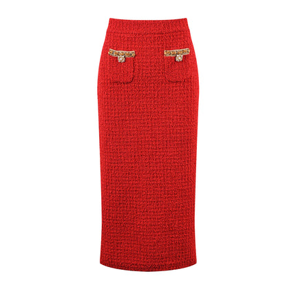 Elegant red tweed jacket with gold embellishments paired with a matching midi skirt, ideal for formal occasions