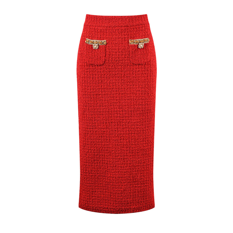 Elegant red tweed jacket with gold embellishments paired with a matching midi skirt, ideal for formal occasions