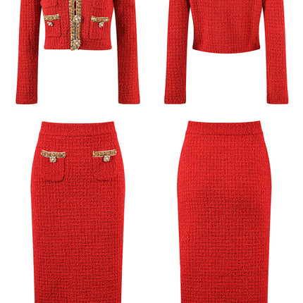 Elegant red tweed jacket with gold embellishments paired with a matching midi skirt, ideal for formal occasions