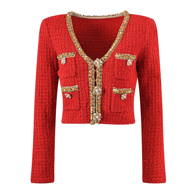 Elegant red tweed jacket with gold embellishments paired with a matching midi skirt, ideal for formal occasions