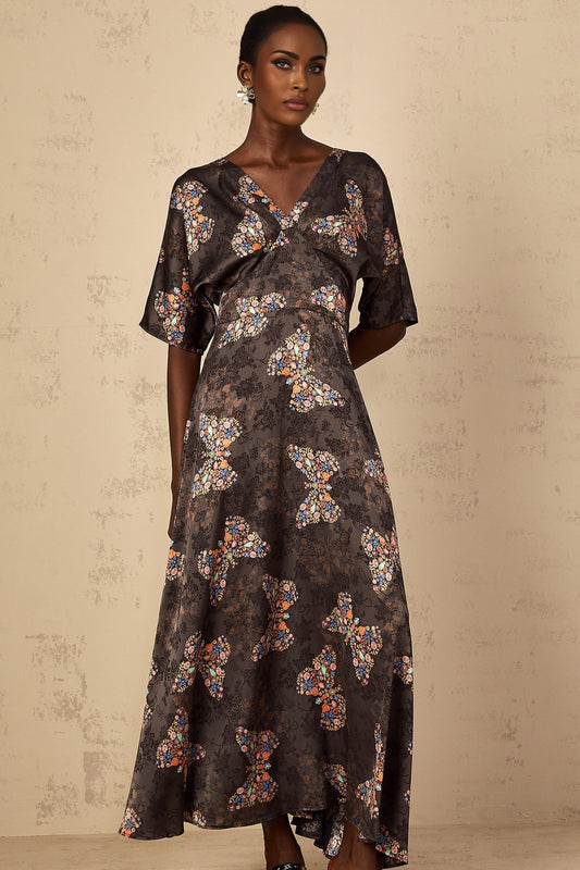 Glannon Womens Black SelfTie Butterfly Print Maxi Dress