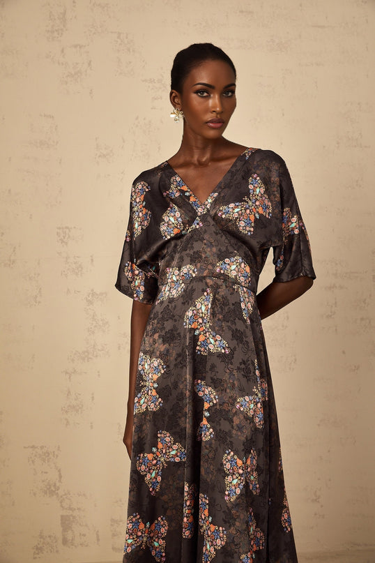 Glannon Womens Black SelfTie Butterfly Print Maxi Dress