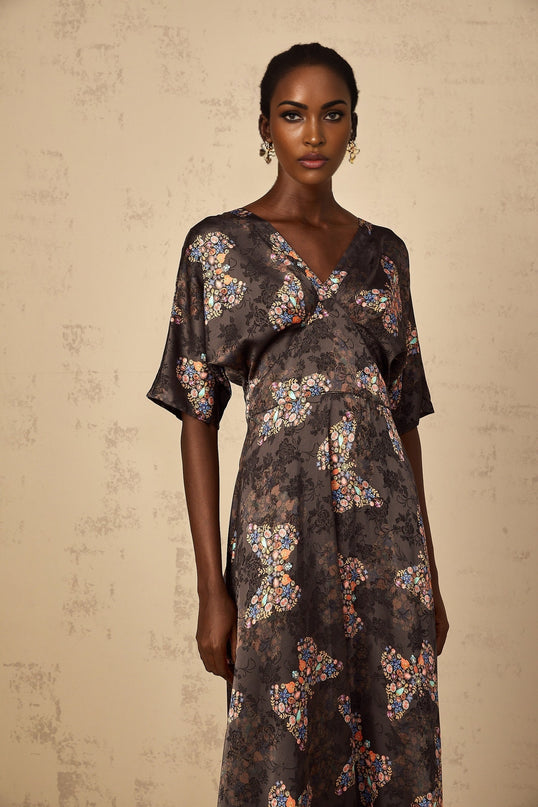 Glannon Womens Black SelfTie Butterfly Print Maxi Dress