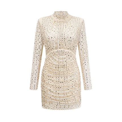 Gloria Champagne Crystal Draped Pleated Mini Dress
