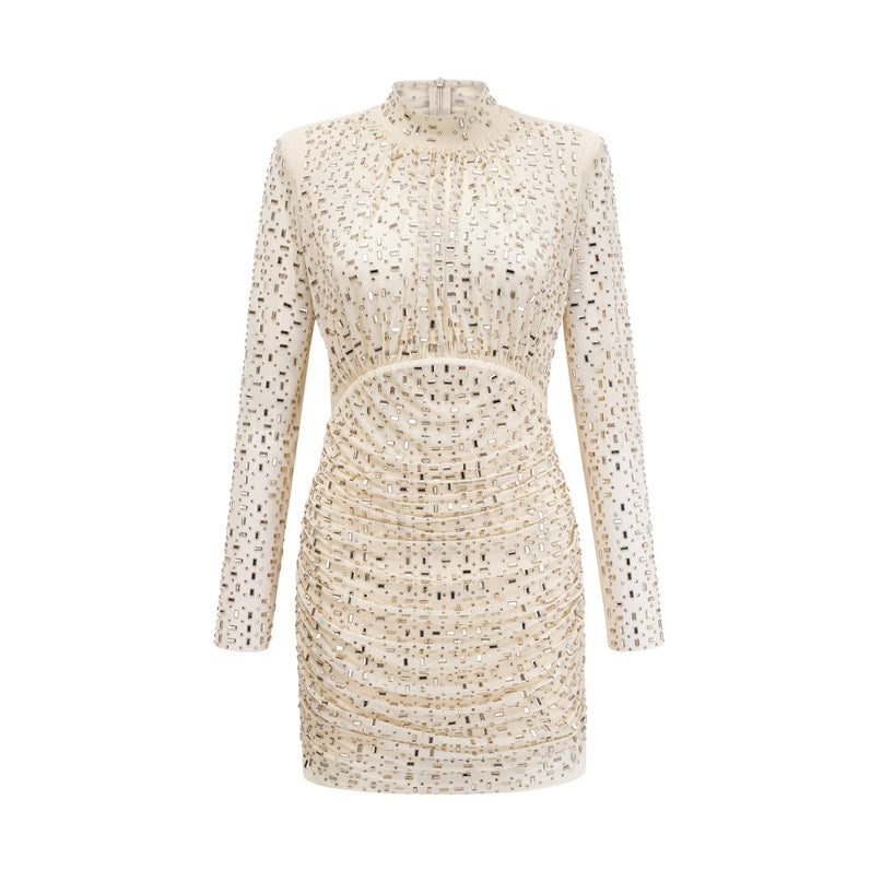 Gloria Champagne Crystal Draped Pleated Mini Dress