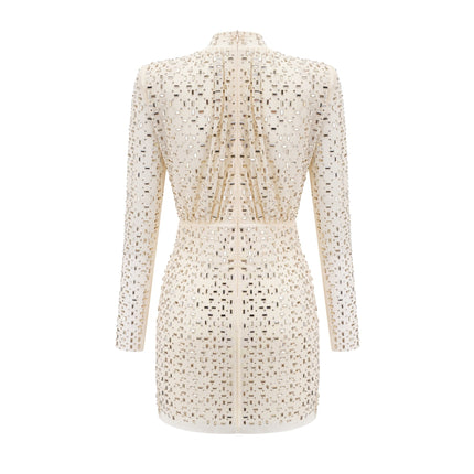Gloria Champagne Crystal Draped Pleated Mini Dress