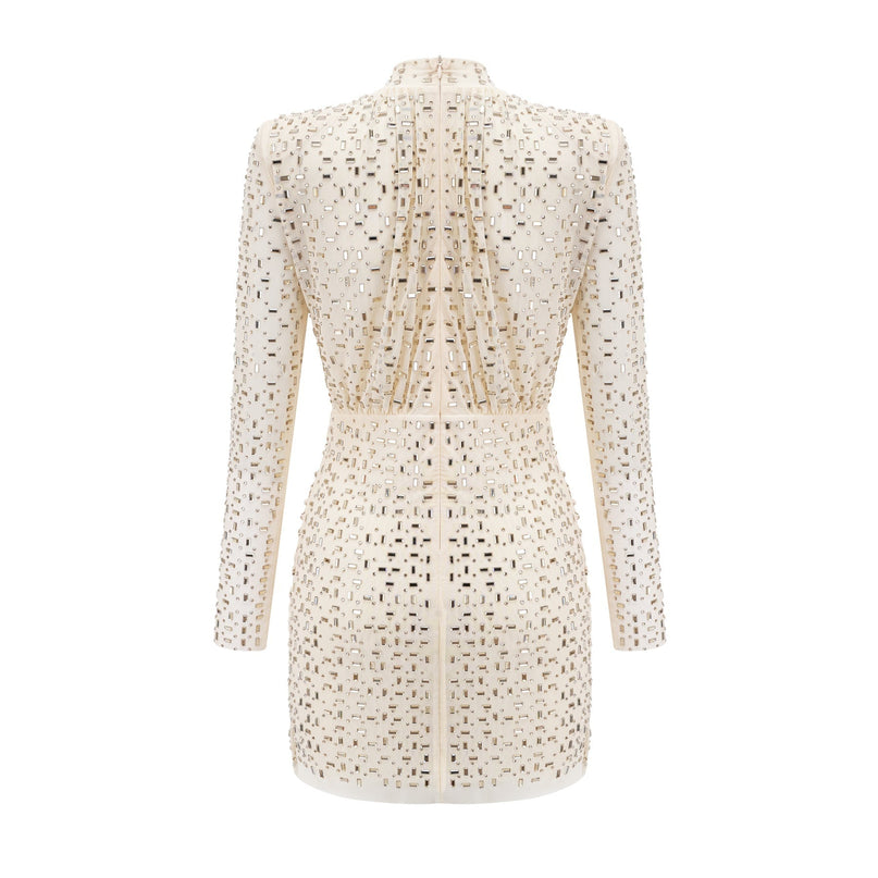 Gloria Champagne Crystal Draped Pleated Mini Dress