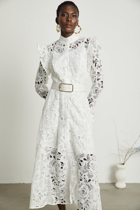 Gloria White Floral Midi Dress with Cutout Design and Belted Waist in 100% Terylene Fabric