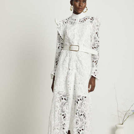 Gloria White Floral Midi Dress with Cutout Design and Belted Waist