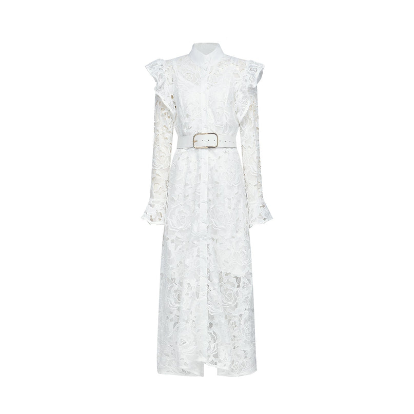 Gloria White Floral Midi Dress with Cutout Design and Belted Waist in 100% Terylene Fabric