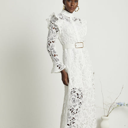 Gloria White Floral Midi Dress with Cutout Design and Belted Waist in 100% Terylene Fabric