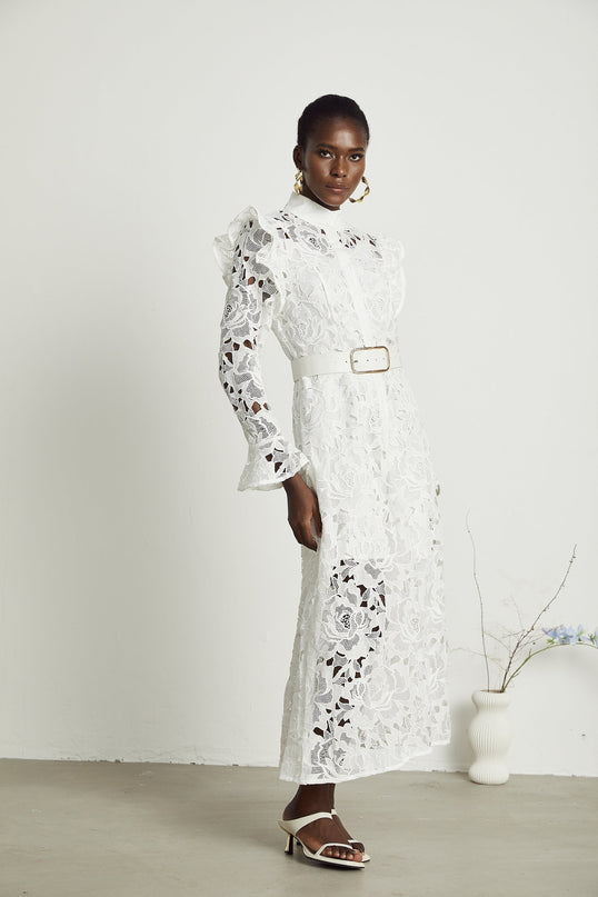 Gloria White Floral Midi Dress with Cutout Design and Belted Waist in 100% Terylene Fabric