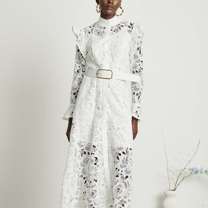 Gloria White Floral Midi Dress with Cutout Design and Belted Waist in 100% Terylene Fabric