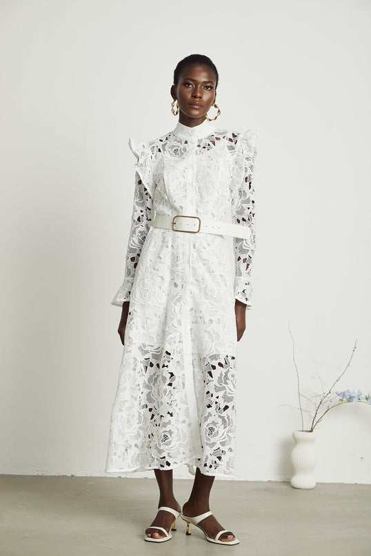 Gloria White Floral Midi Dress with Cutout Design and Belted Waist in 100% Terylene Fabric