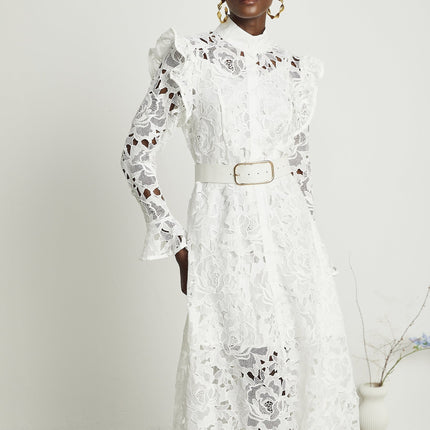 Gloria White Floral Midi Dress with Cutout Design and Belted Waist in 100% Terylene Fabric