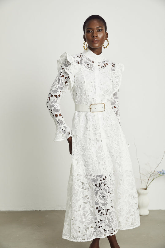 Gloria White Floral Midi Dress with Cutout Design and Belted Waist in 100% Terylene Fabric