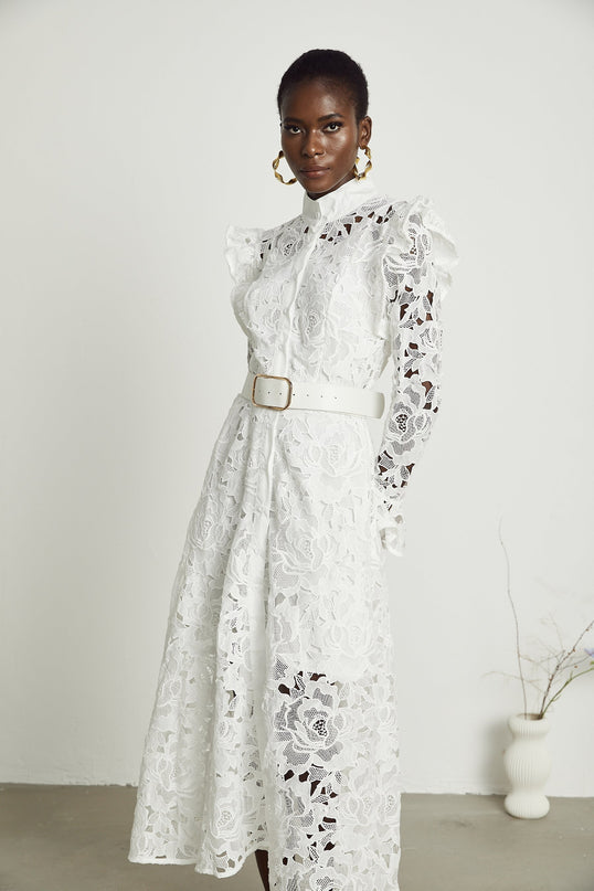 Gloria White Floral Midi Dress Cutout Design Belted Waist Long Sleeves Crew Neck Embroidered Details Internal Slip Dress Front Button Fastening Terylene Fabric