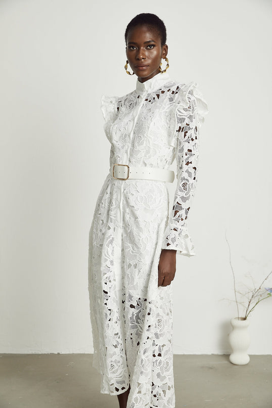 Gloria White Floral Midi Dress with Cutout Design and Belted Waist in 100% Terylene Fabric
