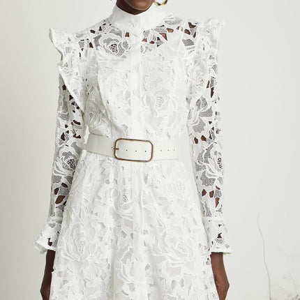 Gloria White Floral Midi Dress with Cutout Design and Belted Waist in 100% Terylene Fabric