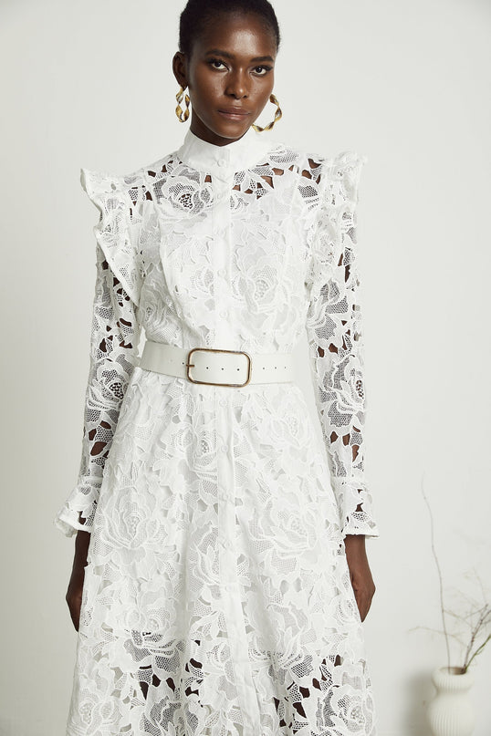 Gloria White Floral Midi Dress with Cutout Design and Belted Waist in 100% Terylene Fabric