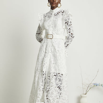 Gloria White Floral Midi Dress with Cutout Design and Belted Waist in Luxurious Terylene Fabric