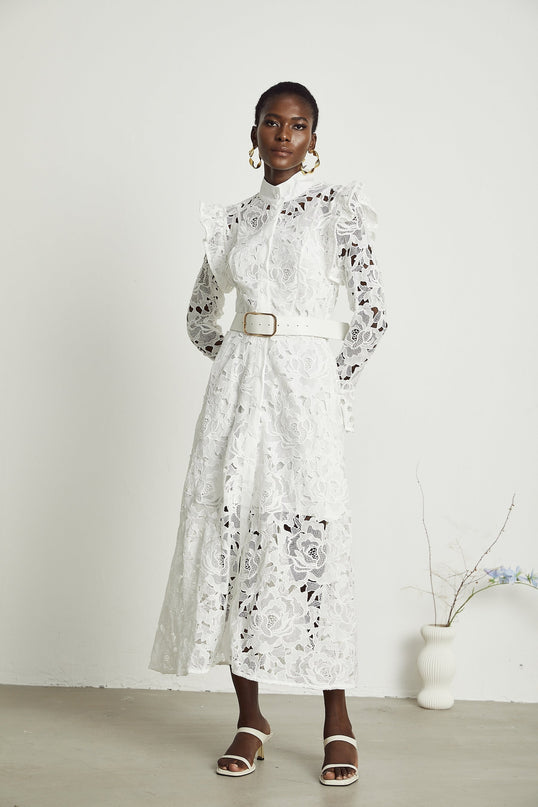 Gloria White Floral Midi Dress with Cutout Design and Belted Waist in Luxurious Terylene Fabric