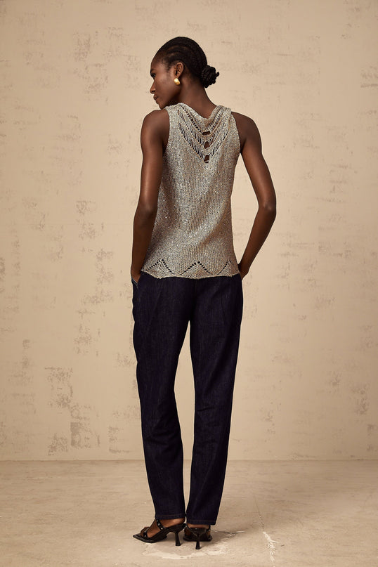 Gold sequined crochet vest top with spaghetti straps and scalloped hem