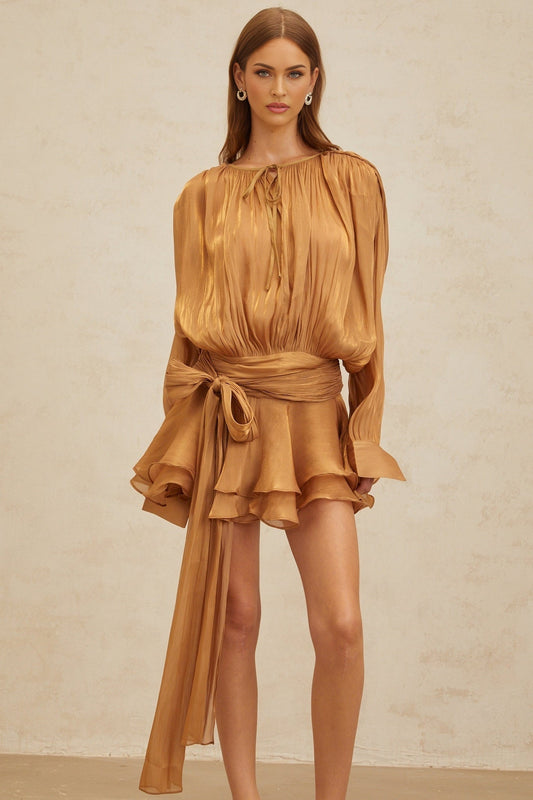 Gold Twist Design Mini Dress with Glitter Detailing