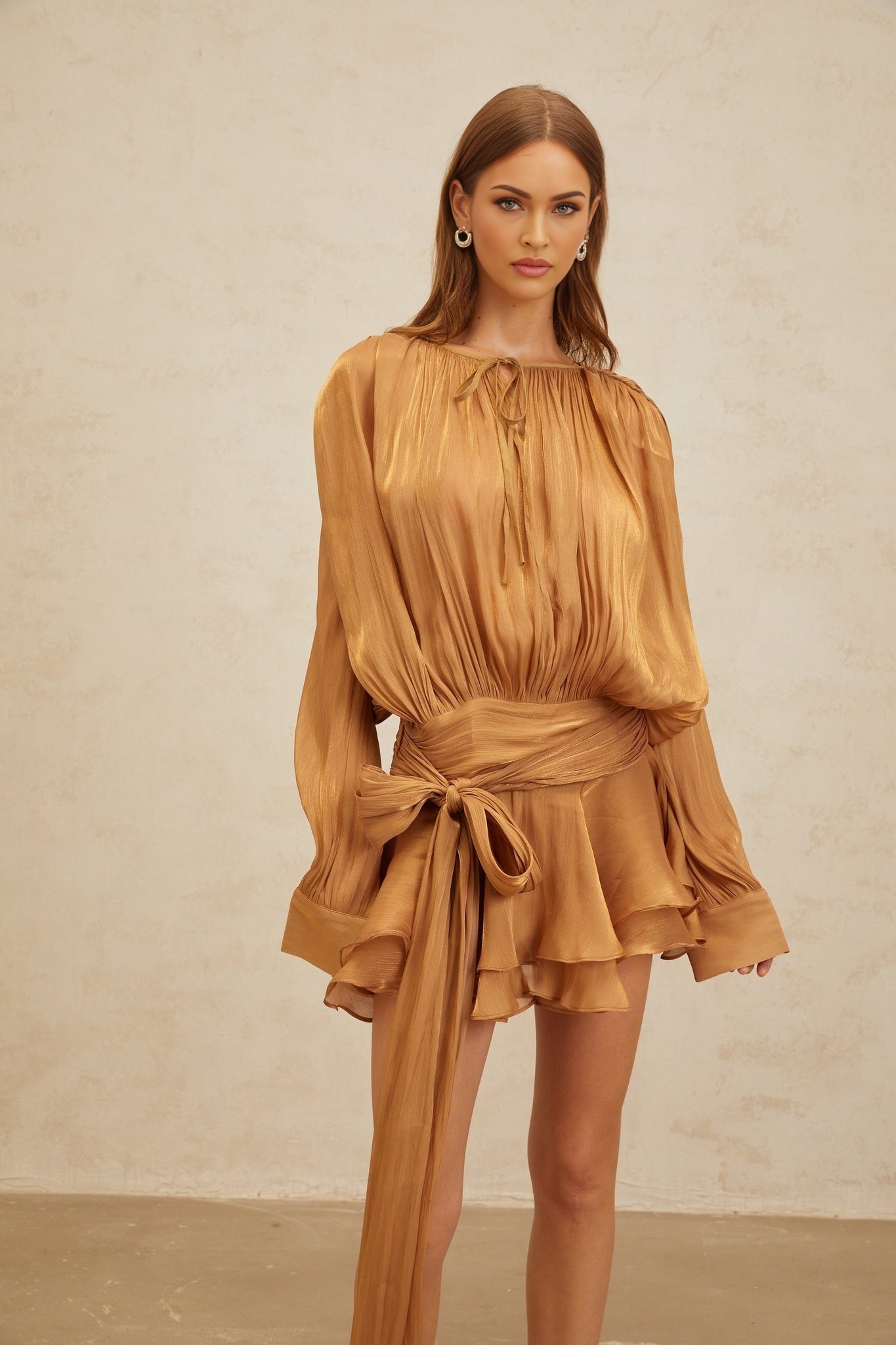 Gold Twist Design Mini Dress with Ruffled Hem and Glitter Detailing