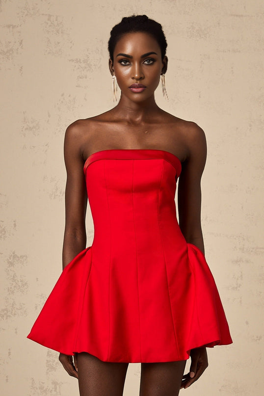 Grace Red Mini Dress Off-Shoulder Flared Skirt Pleated Detailing Zip Fastening Terylene Fabric