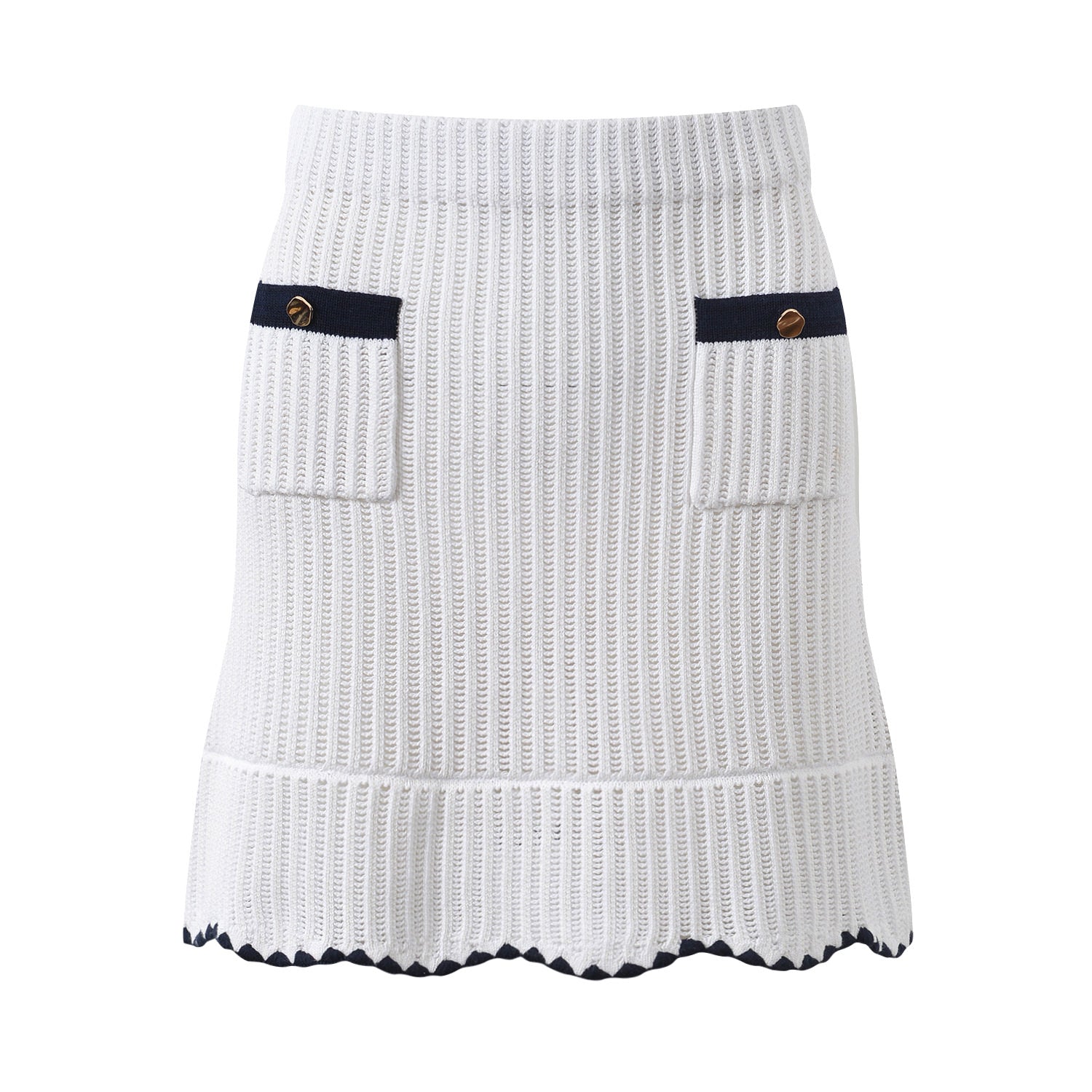 White knit cardigan with navy accents and gold buttons paired with a matching A-line skirt featuring a flared hem