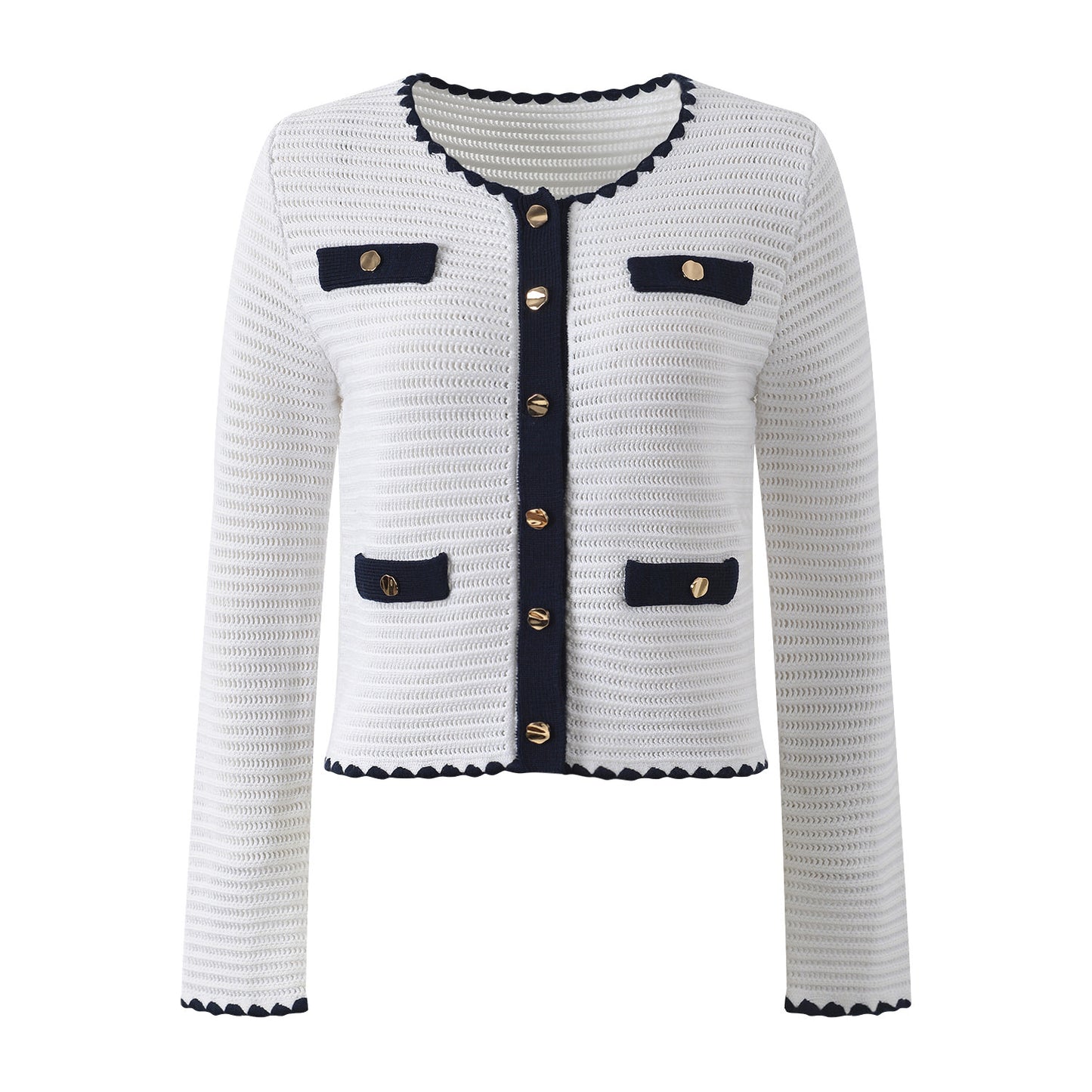 White knit cardigan with navy accents and gold buttons paired with a matching A-line skirt featuring a flared hem