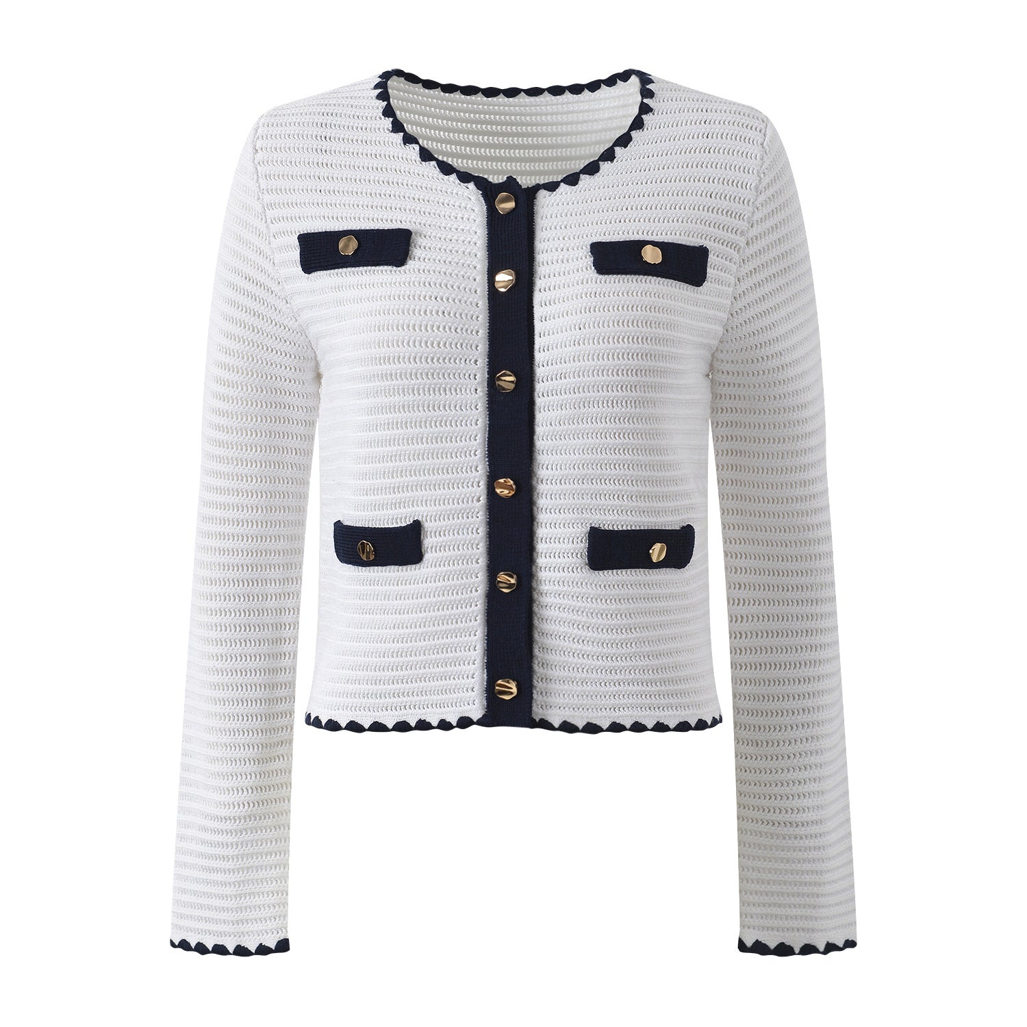 White knit cardigan with navy accents and gold buttons paired with a matching A-line skirt featuring a flared hem