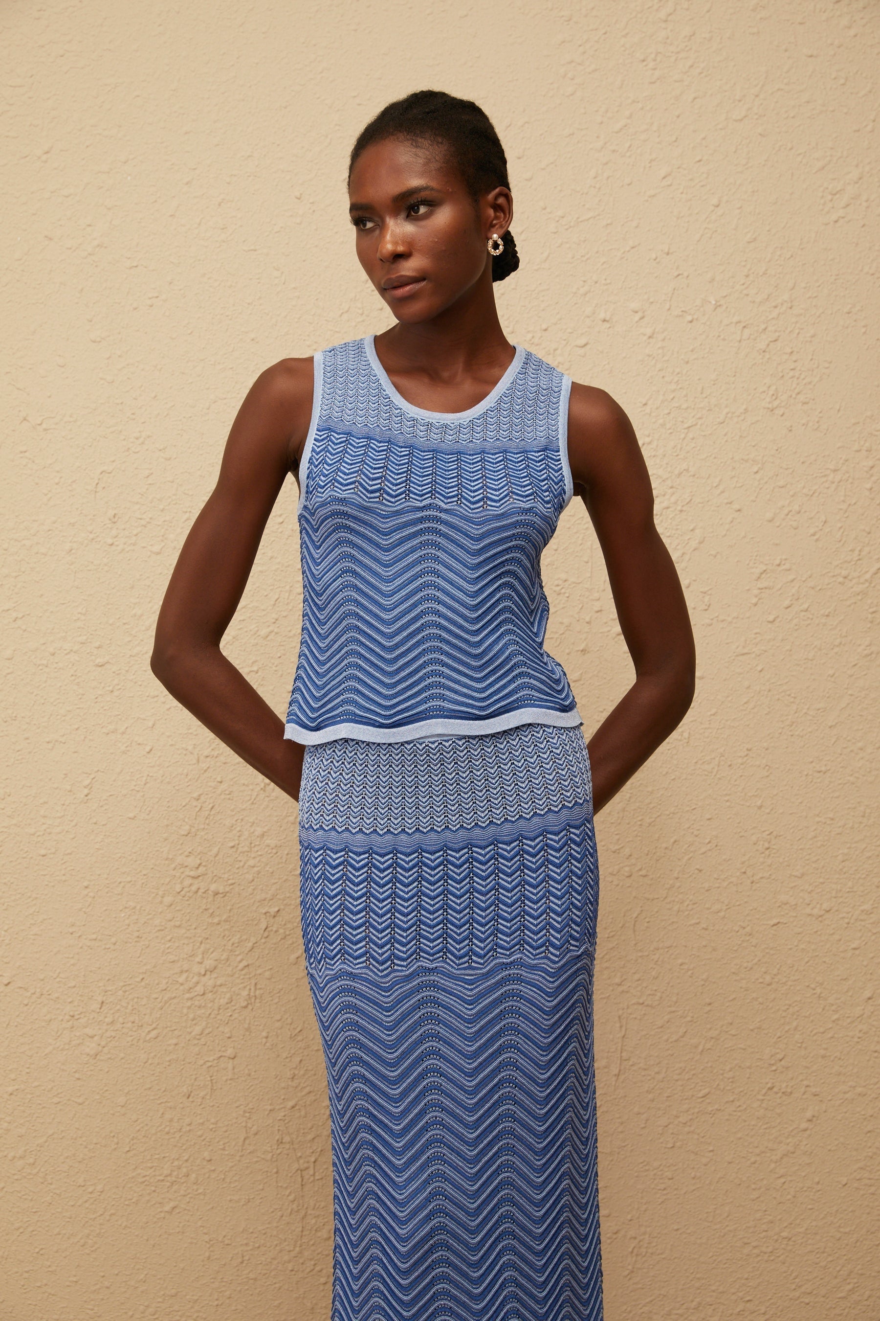 Graphique Blue Wavy Crochet Knit Top  Skirt Coord