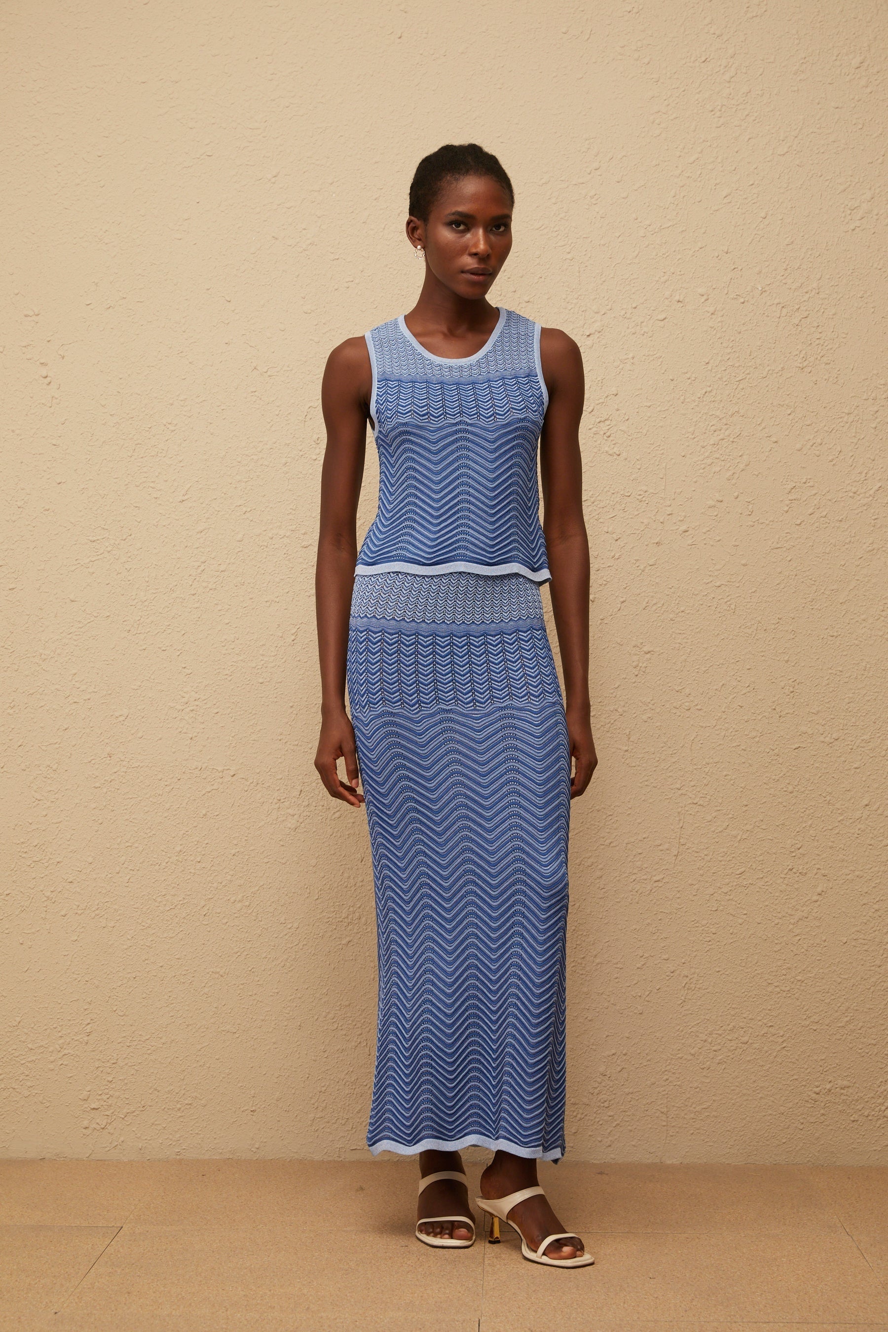 Graphique Blue Wavy Crochet Knit Top  Skirt Coord