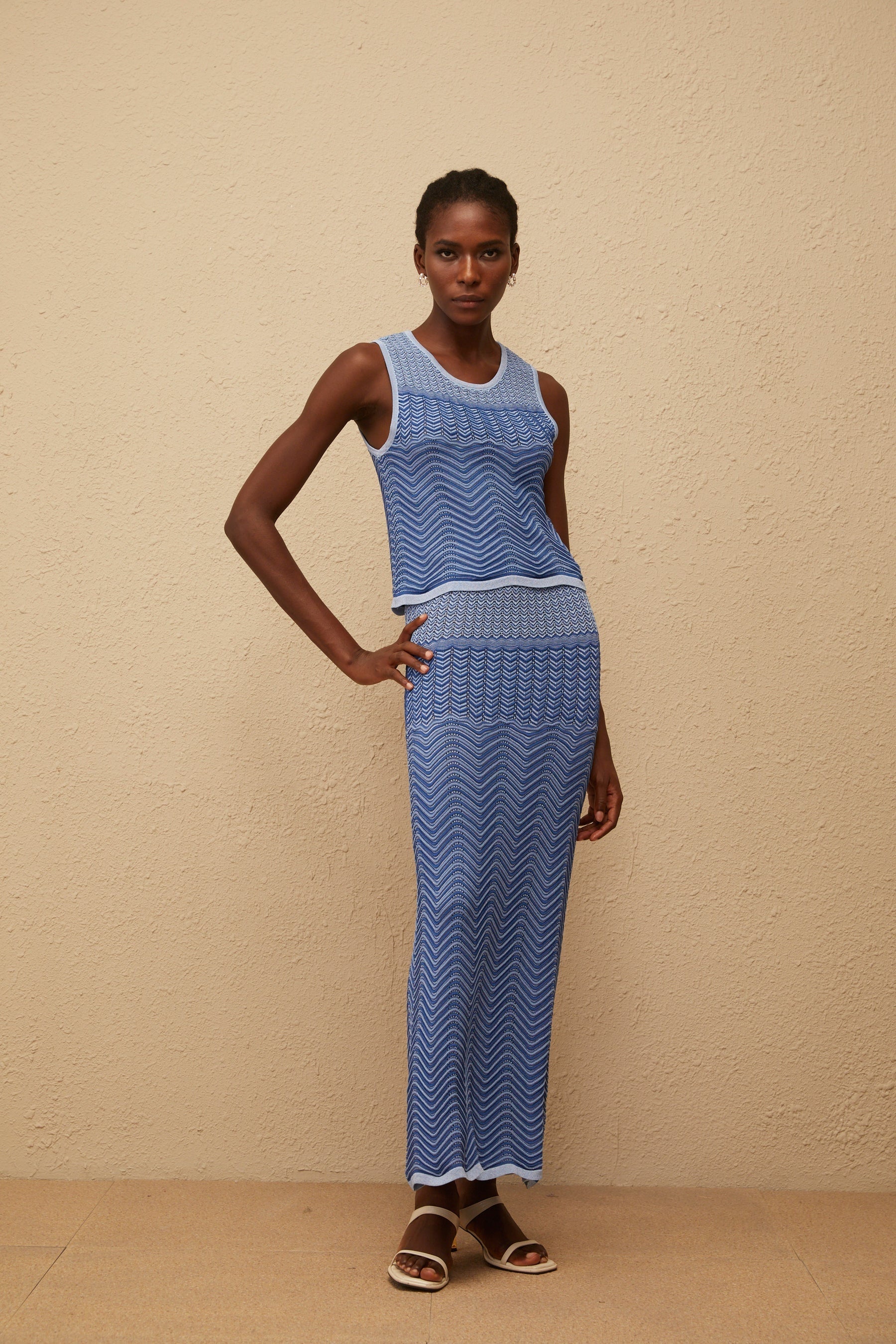 Graphique Blue Wavy Crochet Knit Top  Skirt Coord