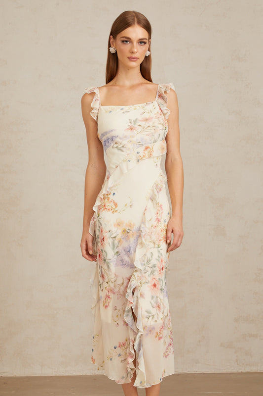 Gratia Light Yellow Ruffled Floral Print Midi Dress